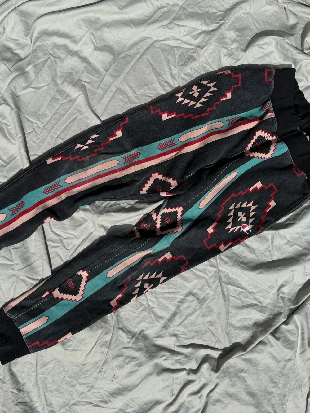 Champion Black Joggers with Teal and Burgundy Aztec Print